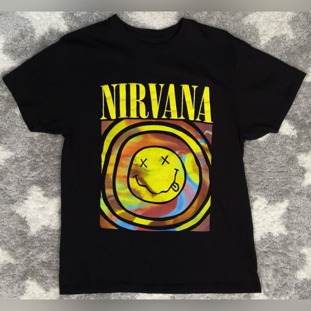 Nirvana Smiley Face Tie Dye Graphic T-Shirt Women’s Medium Black 90’s Grunge
